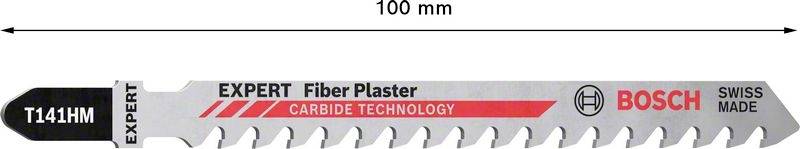 Säbelsägeblatt 'Bosch Expert Fiber Plaster', 100 mm lang, für Faserputz, mit Hartmetalltechnologie, in der Farbe Grau mit rotem Akzent.
