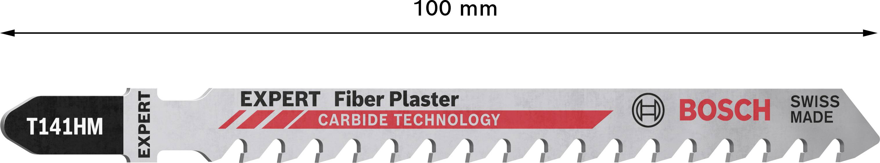 Stichsägeblatt, 100 mm, für Faserputz, Marke Bosch, mit Aufschrift 'EXPERT Fiber Plaster CARBIDE TECHNOLOGY'.