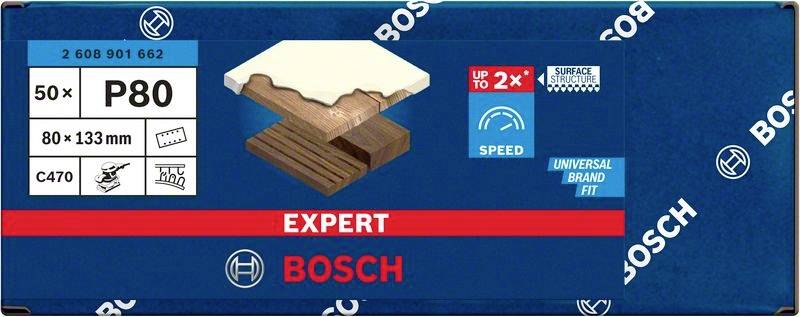 Verpackung für Bosch Schleifpapier 'Expert' mit 50 Blättern, Größe 80 x 133 mm, Körnung P80, 'bis zu 2x schneller', universelle Passform.