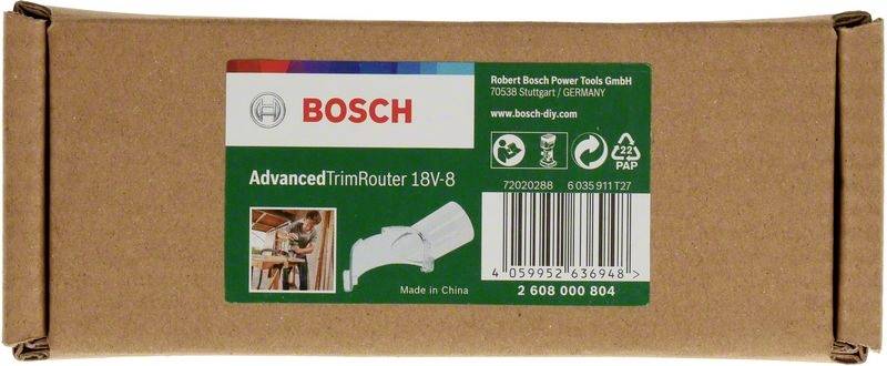 'Kartonverpackung eines Bosch AdvancedTrimRouters 18V-8. Abbildung zeigt Gerät und Logo. Hersteller: Robert Bosch Power Tools GmbH, Deutschland.'