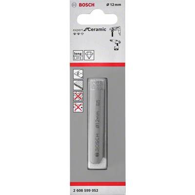 Bohraufsatz-Verpackung von Bosch, geeignet für Keramik, 12 mm Durchmesser, langlebig. Produktabbildung und Anwendungshinweise.
