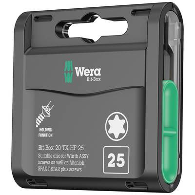 Eine schwarze Bit-Box der Marke Wera für 25 Torx-Bits, passend für ASSY- und SPAX-T-STAR-Schrauben, mit Haltefunktion.