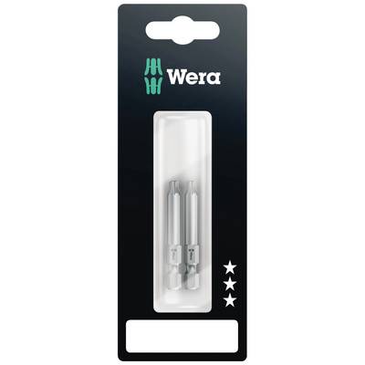 'Verpackung mit zwei silbernen Schraubendreher-Bits der Marke Wera. Drei Sterne auf der Verpackung deuten auf Qualität hin.'