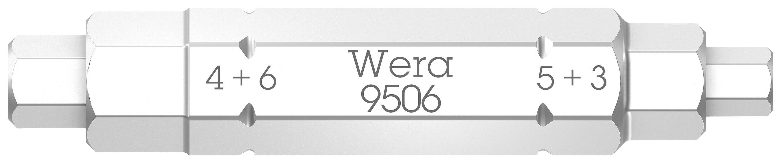 Doppel-Schlüssel mit Hex-Größen '4 + 6' auf der linken und '5 + 3' auf der rechten Seite. Aufschrift: 'Wera 9506' in der Mitte.