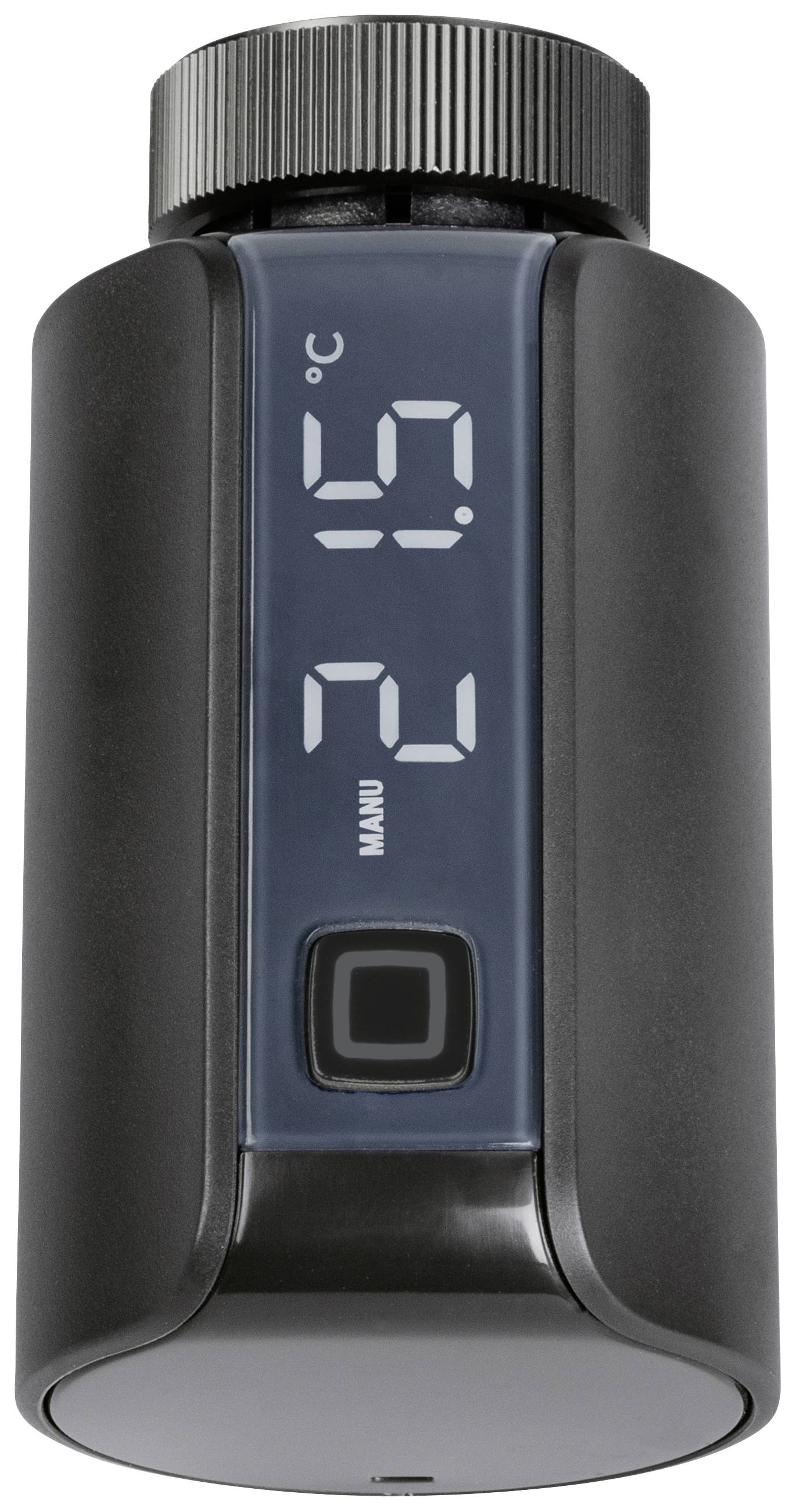 Schwarze Thermosflasche mit digitaler Temperaturanzeige, zeigt '21,5°C'. Deckel oben, Knopf darunter.