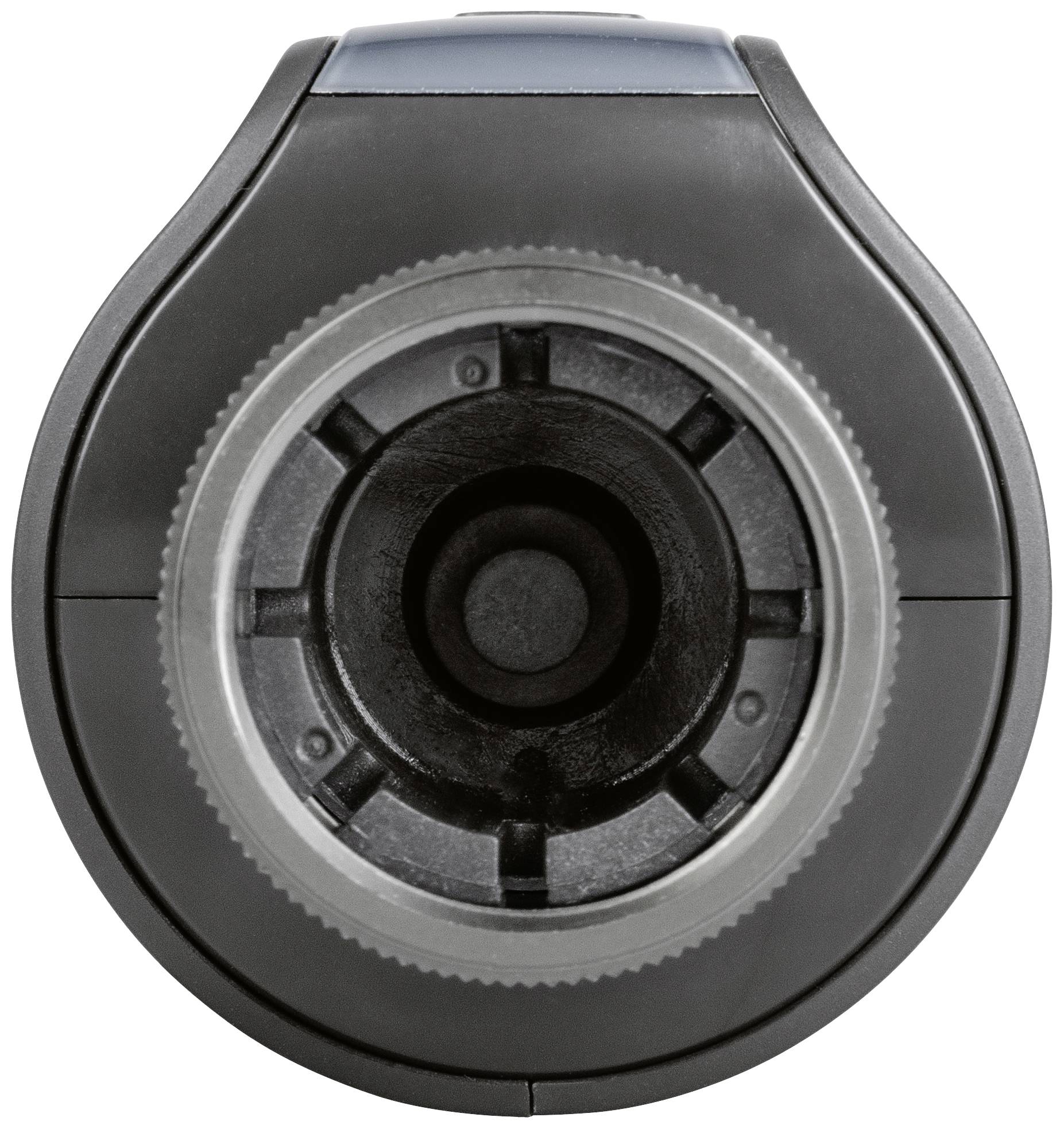 Vorderansicht eines elektrischen Rasiererkopfes mit kreisförmigen Klingen und schwarzer Umrandung.