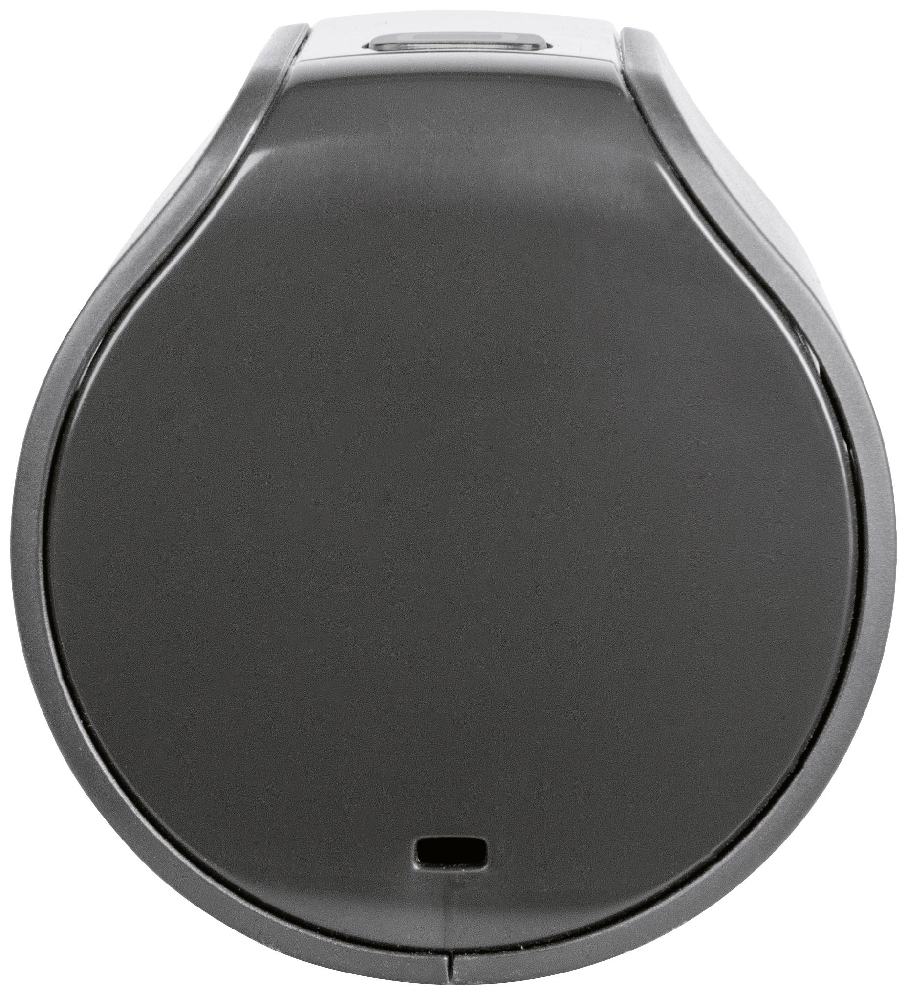 Eine runde, schwarze Vorrichtung mit einem kleinen rechteckigen Ausschnitt an der Unterseite, möglicherweise ein Technologie- oder Geräteteil.