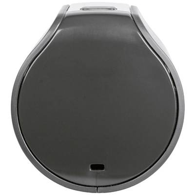 Eine runde, schwarze Vorrichtung mit einem kleinen rechteckigen Ausschnitt an der Unterseite, möglicherweise ein Technologie- oder Geräteteil.