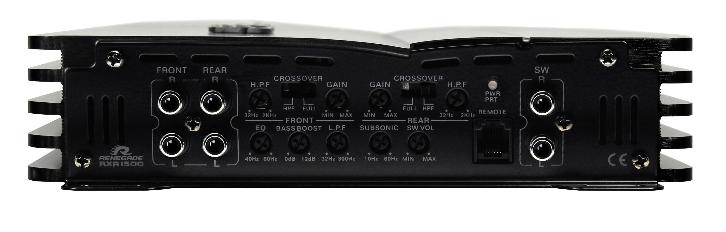 Ansicht eines schwarzen Auto-Verstärkers mit mehreren Eingängen und Schaltern, einschließlich Kanälen für Front, Rear und Subwoofer.