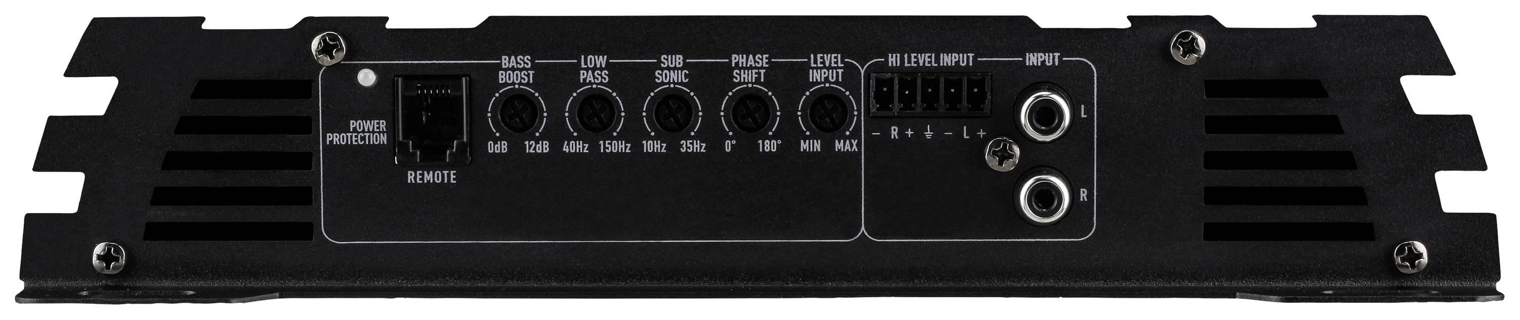 Schwarzes Audioverstärker-Panel mit sechs Reglern und zwei Audioeingängen. Regler für Bass, Mid, Treble und Frequenz.