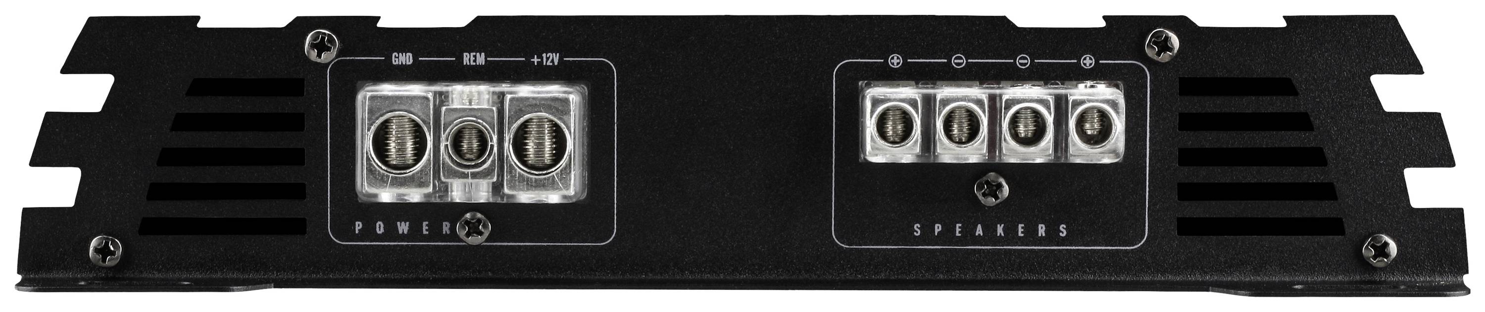 Schwarze Audio-Verstärker-Rückseite mit Anschlüssen für 'Power' links und 'Speakers' rechts, deutlich beschriftet und strukturiert.