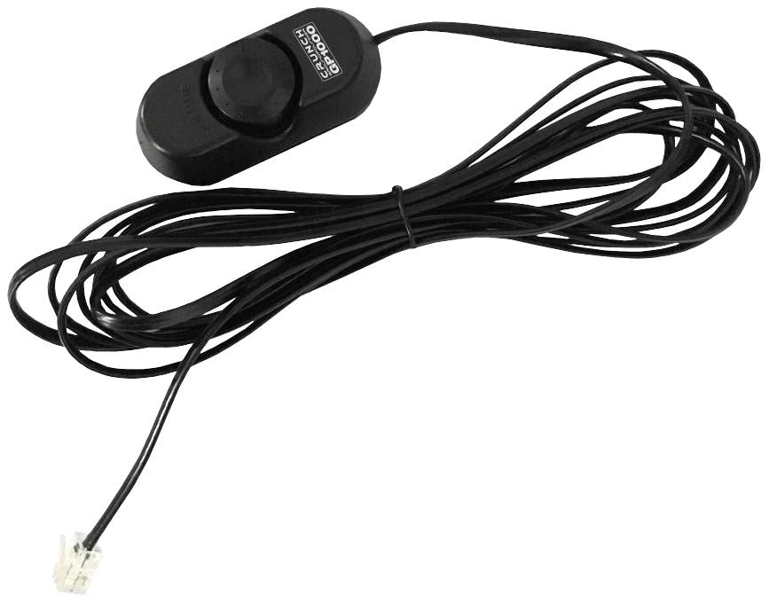 Ein schwarzes Audiokabel mit einem Lautstärkeregler in der Mitte und einem Anschlussstecker am Ende.