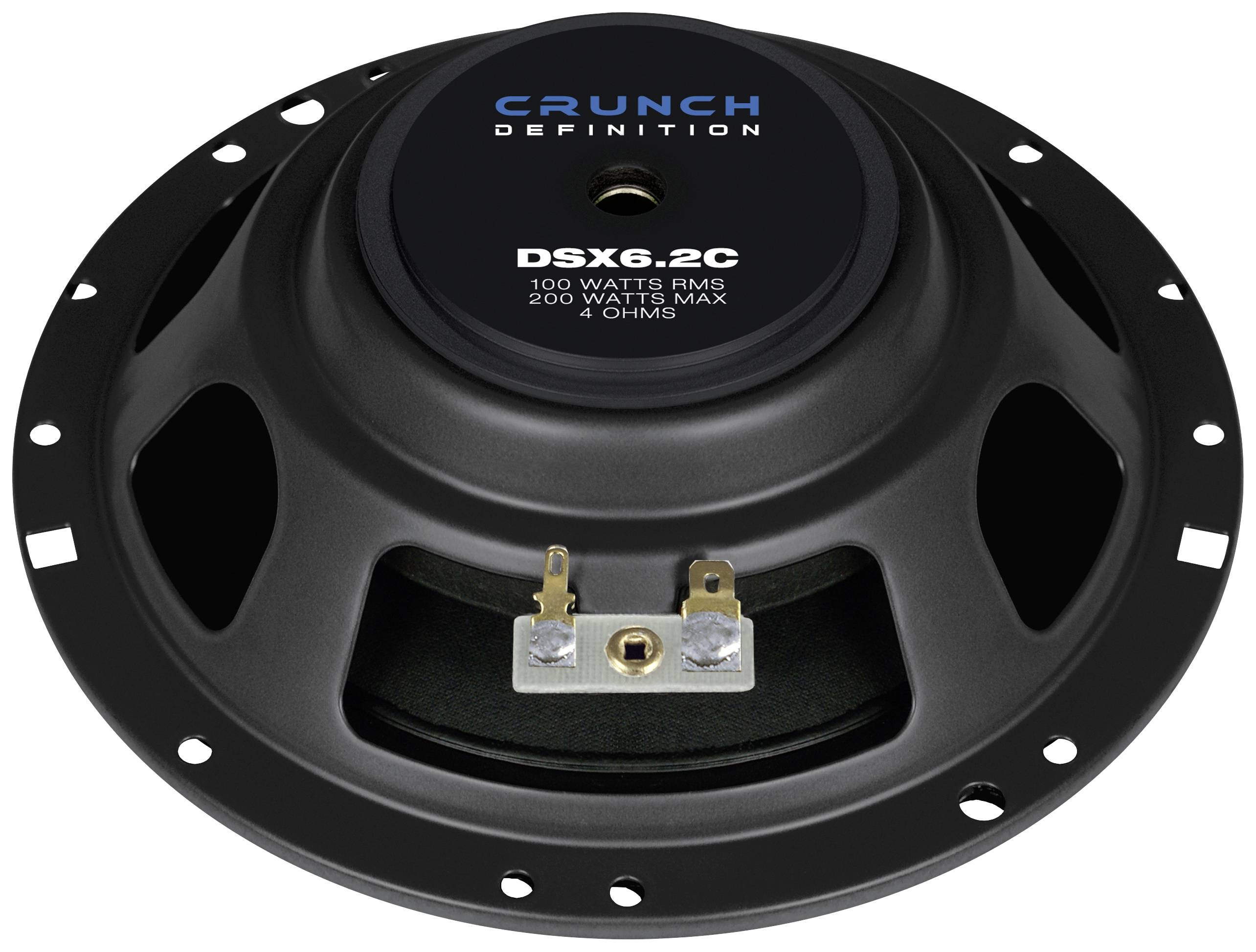 Runder Lautsprecher der Marke Crunch, Modell DSX6.2C, mit einer Leistung von 100 Watt RMS und 400 Watt maximal, 4 Ohm Impedanz.