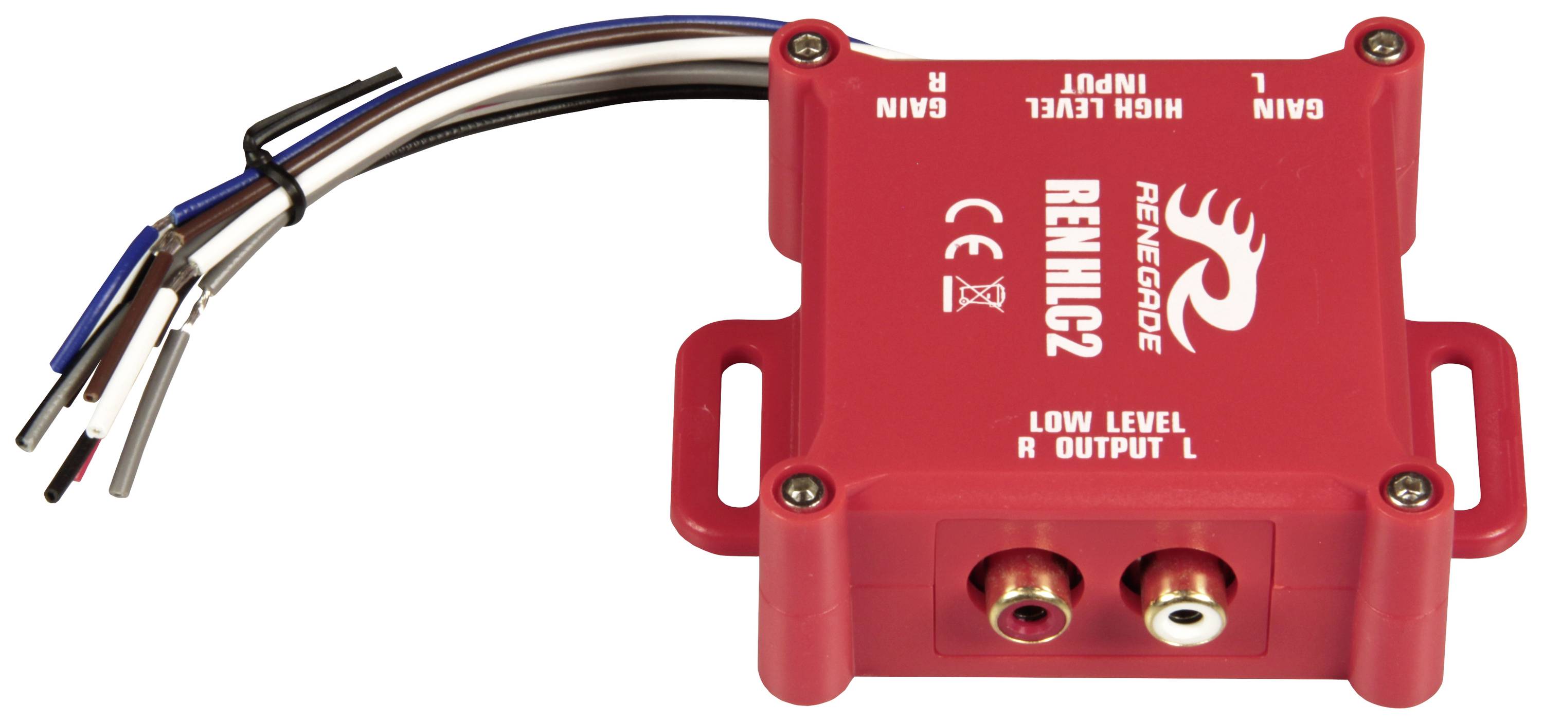 Rotes Elektronikgerät zum Audio-Output mit Anschlüssen und Kabeln, beschriftet mit 'Renegade'.