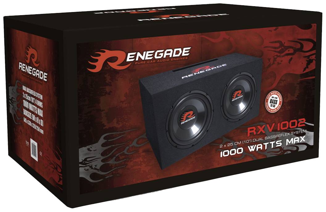 Schwarzer Subwoofer-Karton mit 'Renegade' Logo. Enthält Dual-Bassreflex-System RXV1002, 1000 Watt Maximalleistung.