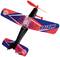 Spielzeugflugzeug mit rotem Propeller und blauen Tragflächen, beschriftet mit 'RAIZZOR'.