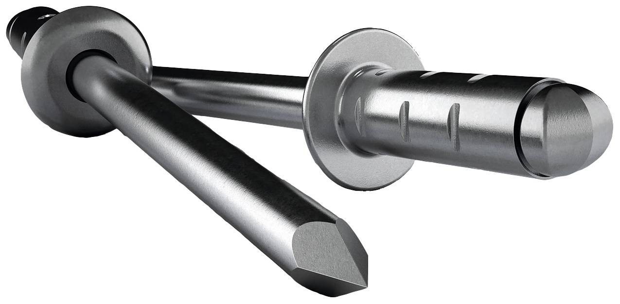 Zwei silberne Metallstifte mit flachen Köpfen und geriffelten Schaftenden, entworfen für industrielle Befestigungen und Anwendungen.