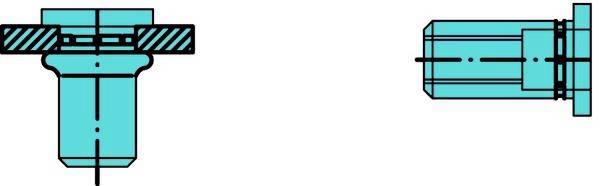 Technische Zeichnung mit zwei Ansichten einer zylindrischen Komponente mit Flanschende: eine Querschnittsansicht auf der linken Seite und eine Seitenansicht auf der rechten Seite.