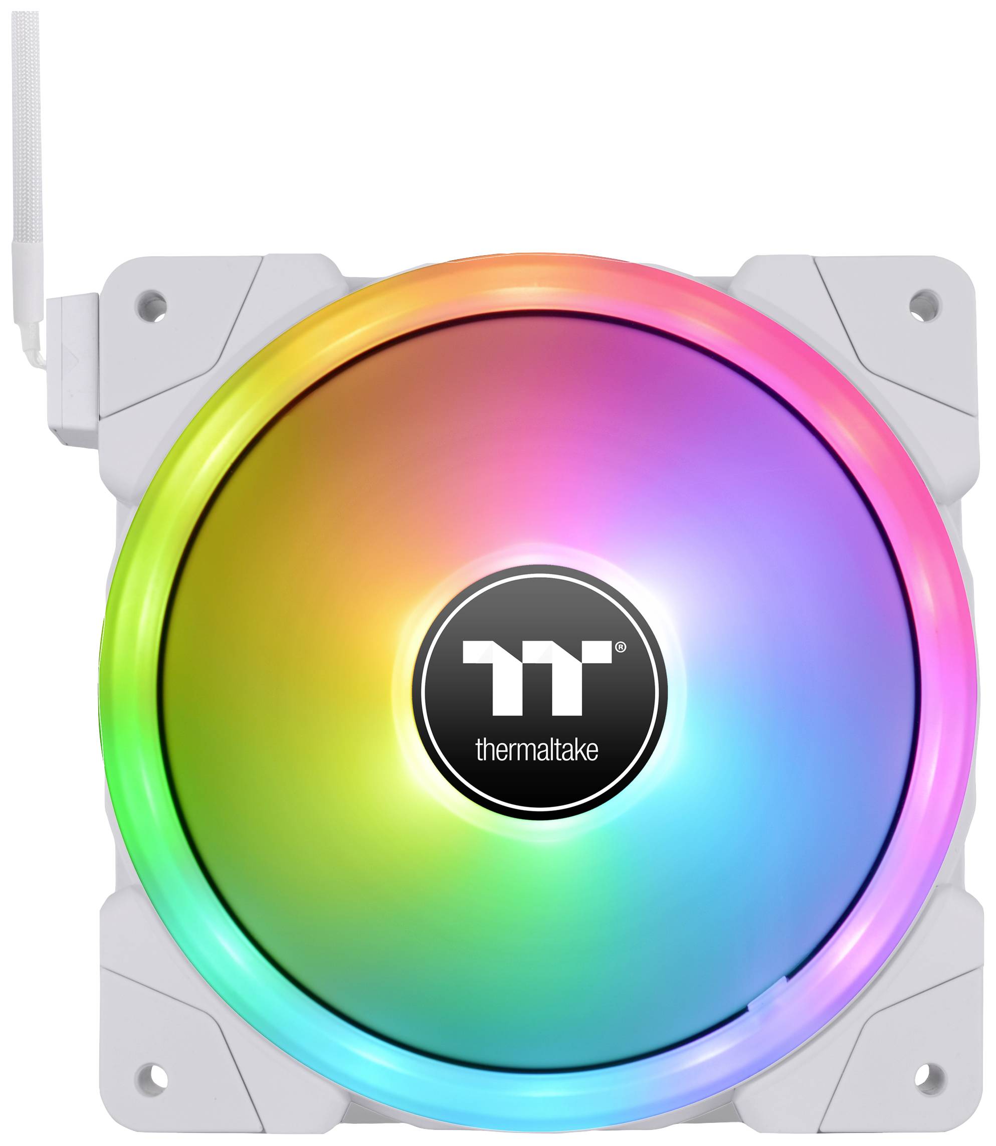 Ein runder Computerlüfter mit Thermaltake-Logo in der Mitte, von LED-Lichtern in Regenbogenfarben umgeben.