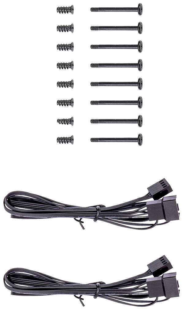 'Schrauben und Kabel'; Eine Reihe kleinerer und größerer Schrauben; zwei schwarze Kabel mit Steckern, möglicherweise Computerzubehör.