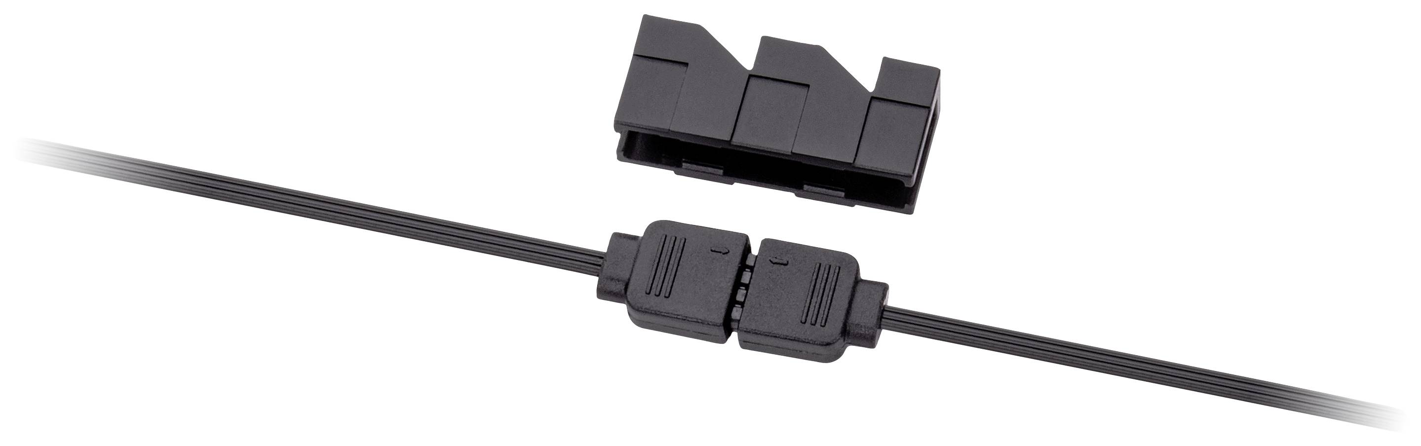 Ein schwarzer Kabelstecker mit Abdeckung und sichtbarem Anschlussstück, ausgerichtet in horizontaler Position.