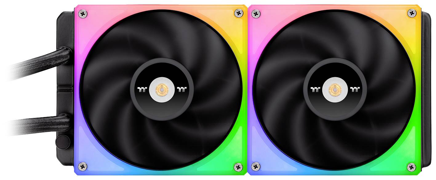 Zwei computergesteuerte Lüfter, die von einem RGB-Lichtband umrandet sind, das in verschiedenen Farben leuchtet.