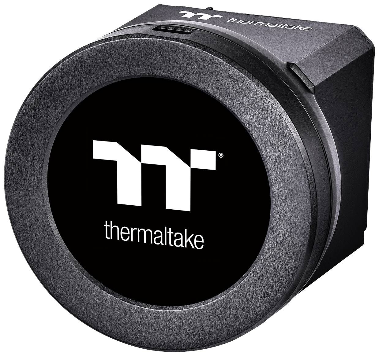 Runder Thermaltake-Lüfter, schwarzes Gehäuse, weißes Logo in der Mitte. 