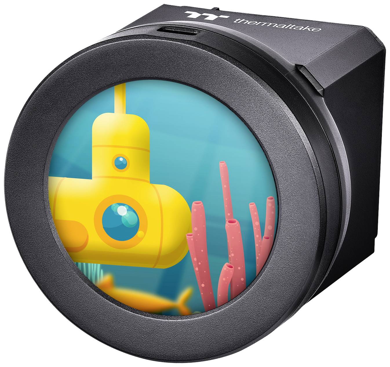 Ein gelbes U-Boot schwimmt im Meer neben roten Korallen, dargestellt auf einem runden Display eines schwarzen Geräts.