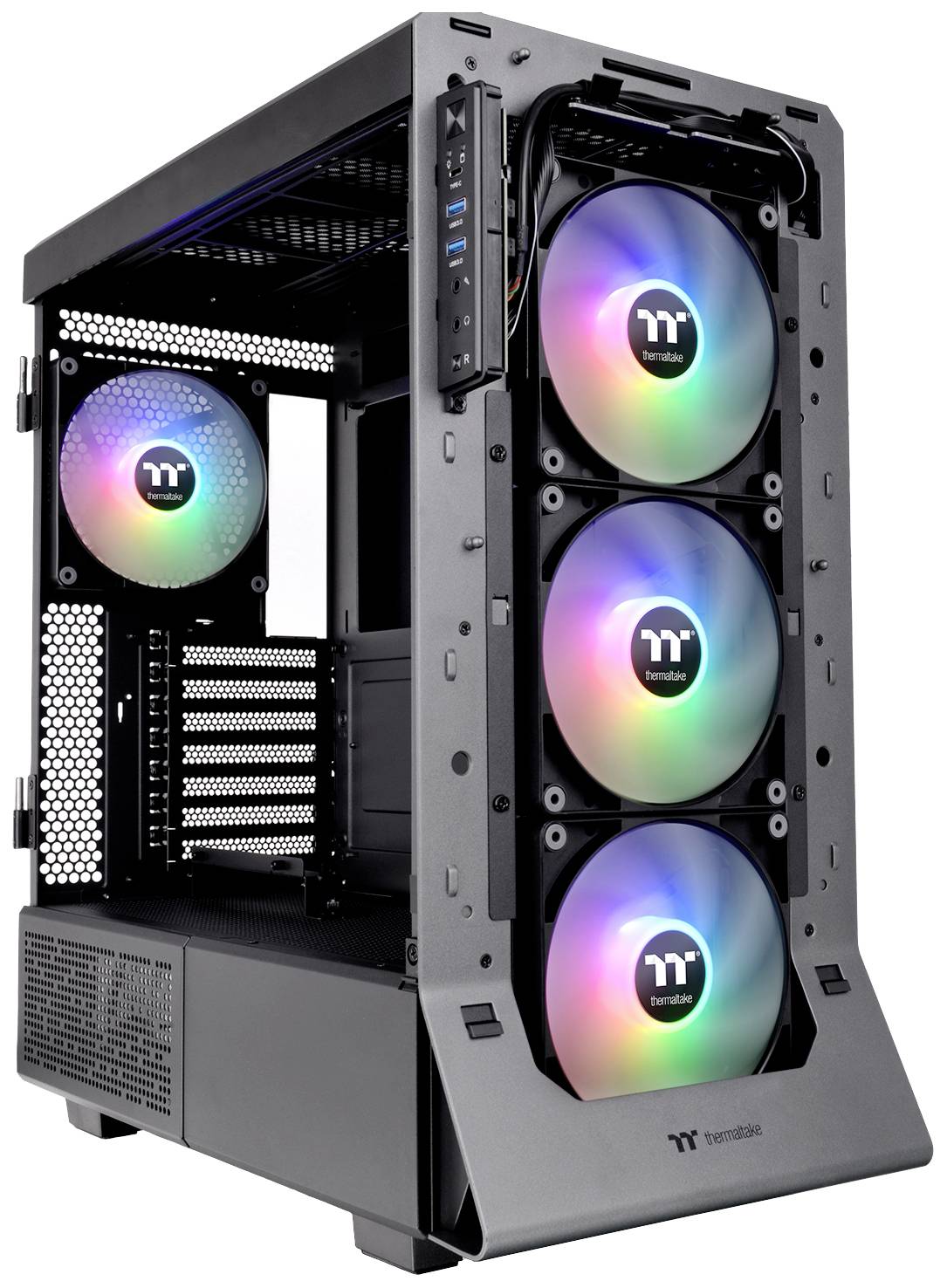 Schwarzer PC-Gehäuse mit drei sichtbaren, vertikal angeordneten RGB-Lüftern an der Front. Zweck: Gehäuse für Computerkomponenten.