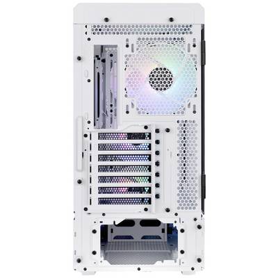Weiße Rückseite eines Computergehäuses mit Ventilator und Erweiterungssteckplätzen. RGB-Beleuchtung sichtbar durch die Gehäuseöffnungen.