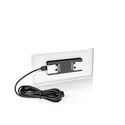 'Ein rechteckiges elektronisches Gerät mit schwarzer Rückseite und Kabel, das für die Verbindung oder Stromversorgung verwendet wird.'
