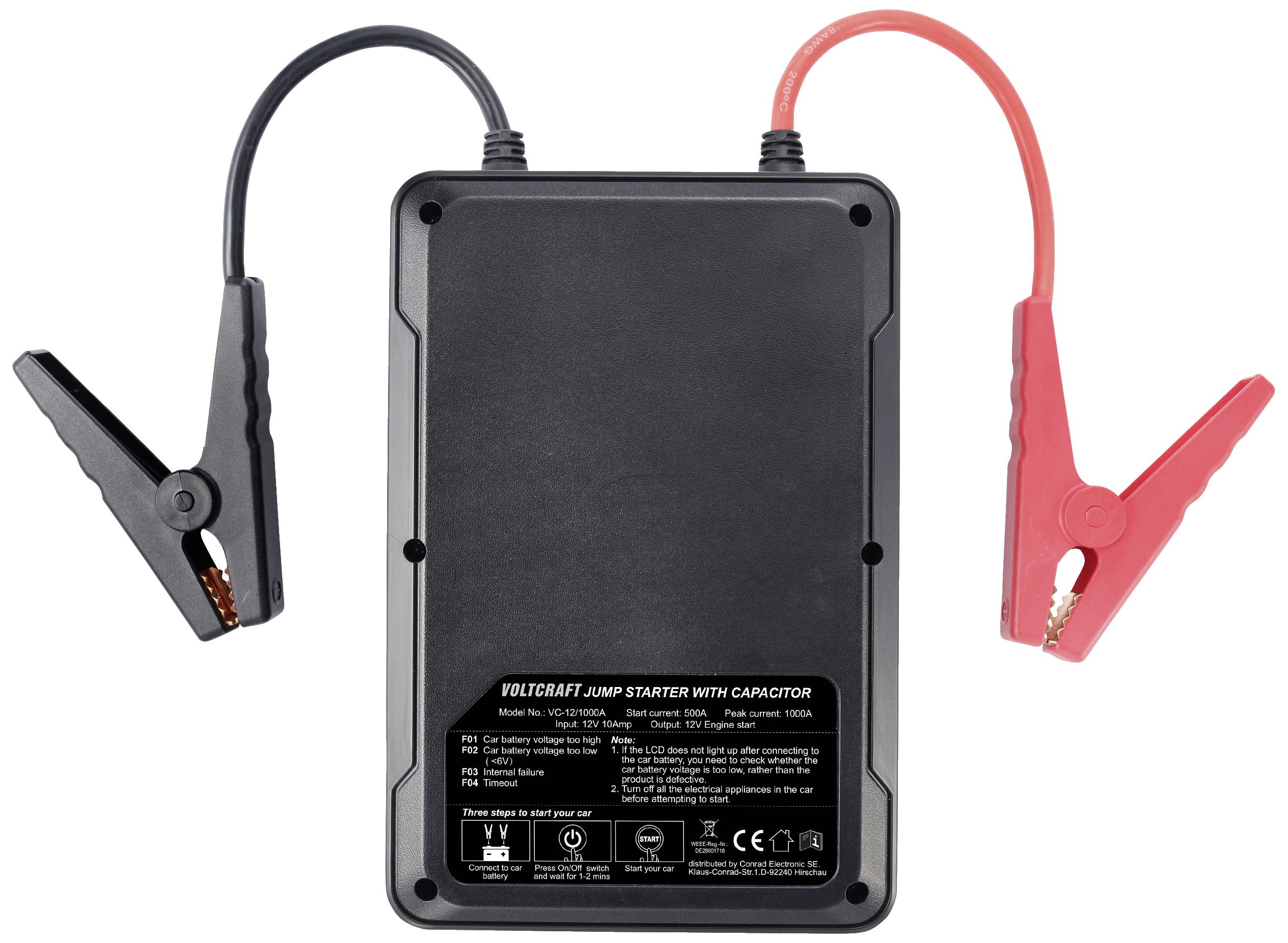 Schwarzes Starthilfegerät mit einem roten und einem schwarzen Kabel, jeweils mit Klemme, für Kfz-Batterien.