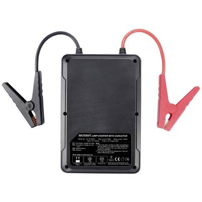 Schwarzes Starthilfegerät mit einem roten und einem schwarzen Kabel, jeweils mit Klemme, für Kfz-Batterien.