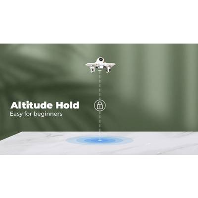 Eine Drohne schwebt über einer zielähnlichen Markierung am Boden. Text links: 'Altitude Hold', 'Easy for beginners', Hinweis auf stabile Flughöhe.