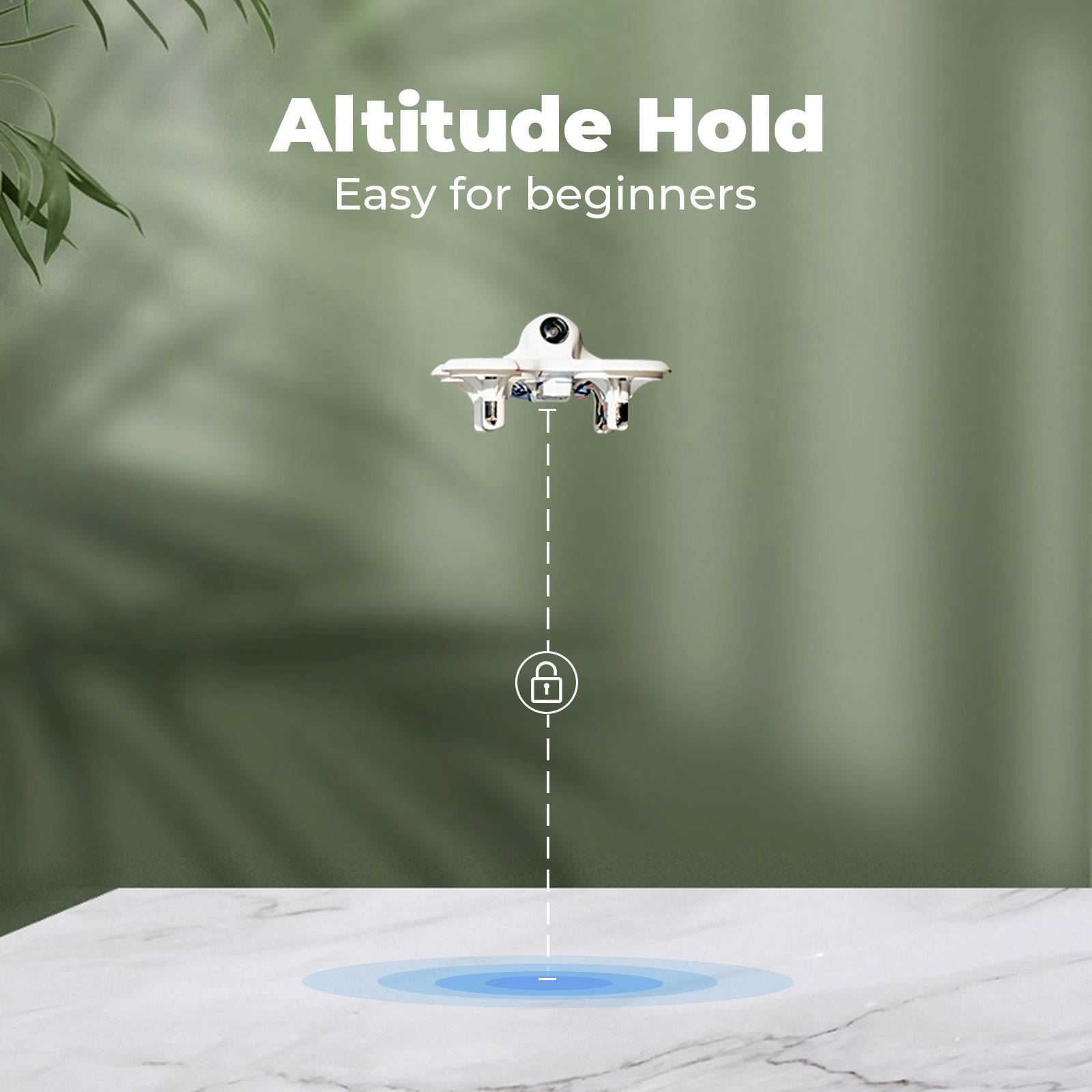 'Altitude Hold' Funktion der Drohne für Anfänger, Drohne schwebt stabil über einer Oberfläche.