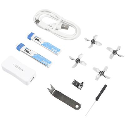 Ein Reparaturset mit Ladekabel, Akku, Propellern, Werkzeugen und Zubehör für Drohnen.