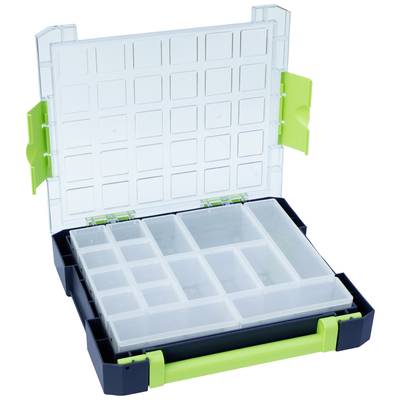 Ein geöffneter Werkzeugkasten mit mehreren Fächern, die leere, transparente Boxen enthalten.
