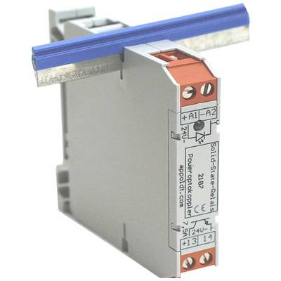Ein Solid-State-Relais befestigt an einer DIN-Schiene, zeigt Anschlussklemmen und Produktinformationen auf der Vorderseite.