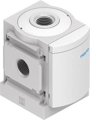 Ein Industrieventil von Festo, graue Farbe, mit zylindrischen Anschlüssen oben und seitlich.