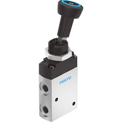 Ein Pneumatikventil von Festo mit einem schwarzen Hebel auf der Oberseite. Es ist für industrielle Steuerungsanwendungen geeignet.