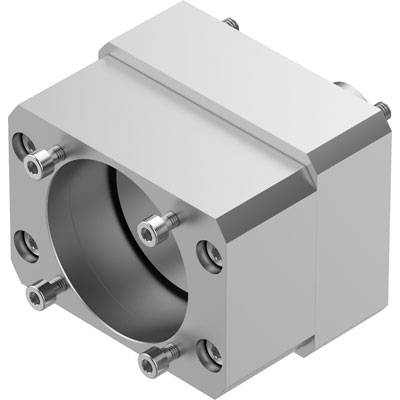 Ein silbernes, quadratisches Metallteil mit einem runden, zentralen Hohlraum und sechs Schrauben, geeignet für mechanische Anwendungen.