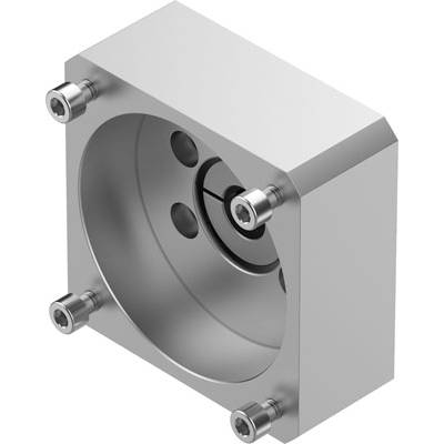 Ein silberner, quadratischer Metallblock mit vier Schrauben an den Ecken und einer runden Öffnung in der Mitte, geeignet für mechanische Anwendungen.