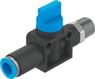 Ein schwarzer Druckregler mit blauer Kappe. Verfügt über metallische Anschlüsse auf beiden Seiten, geeignet für pneumatische Anwendungen.