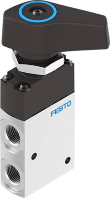 Drehhebelventil von Festo, in Schwarz-Weiß mit blauer Markierung, zeigt drei Anschlussöffnungen.
