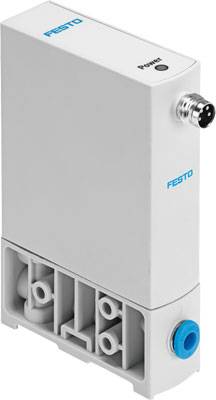 Elektronischer Druckregler von Festo, rechteckige Form, weiß. Oben befindet sich ein Verbindungselement.