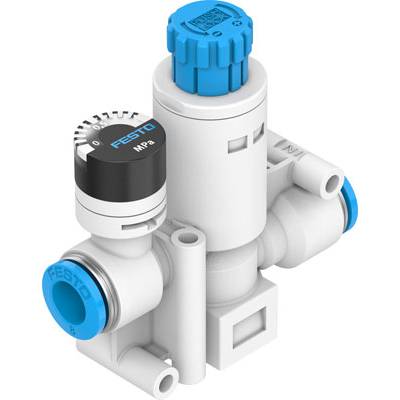'Detaillierte Darstellung eines Druckreglers mit blauem Einstellknopf und Festo-Logo, geeignet für präzise Drucksteuerung in Pneumatiksystemen.'