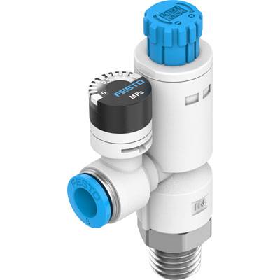 Ein weißes und blaues Pneumatikventil von Festo mit Druckregelungselementen und Anschlussgewinde, geeignet für industrielle Anwendungen.