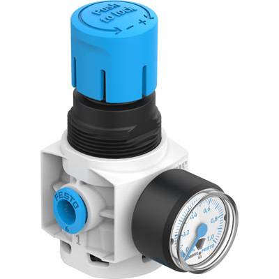 Druckregler mit blauem Einstellknopf und Manometer zeigt Druck in bar an.