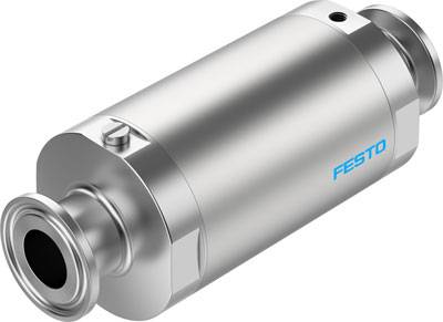 Silbernes zylinderförmiges Bauteil mit Festo-Logo, wahrscheinlich ein pneumatisches Element oder Ventil, aus Metall gefertigt.
