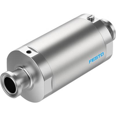 Ein zylindrisches Metallventil mit der Aufschrift 'FESTO', vermutlich industriell genutzt, korrosionsbeständig und kompakt.
